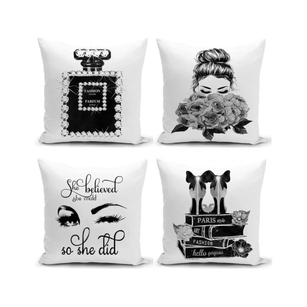 Set of 4 18x18 Decorative Pillow Covers Black White  Fashion Style